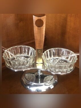 Vintage MCM Teak Wood Condiment Caddy Set Chrome and Glass With Spoons